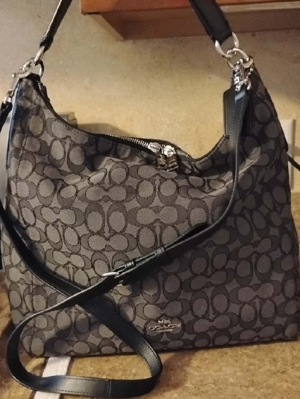 Coach Gray and Black Signature Canvas Hobo